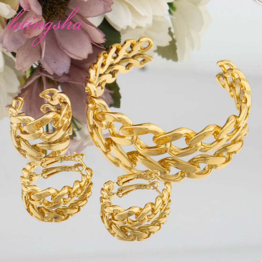 Gold Color Cuff Bangle Newest Hoop Earrings Ring Sets for Women Dubai Luxury Jewelry Set Fashion Statement Trendy Jewelry Gift