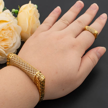 Arab Luxury Cuff Bangle & Ring Set for Women, Classic Daily to Party Gift, Elegant Jewelry Women Set