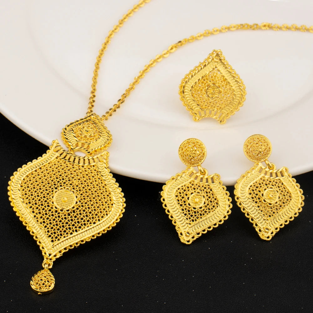 Indian Gold Plated Flower Bridal Jewelry Set for Women Dubai Costume Stainless Steel Necklace Earrings Combo Wedding Party Acces