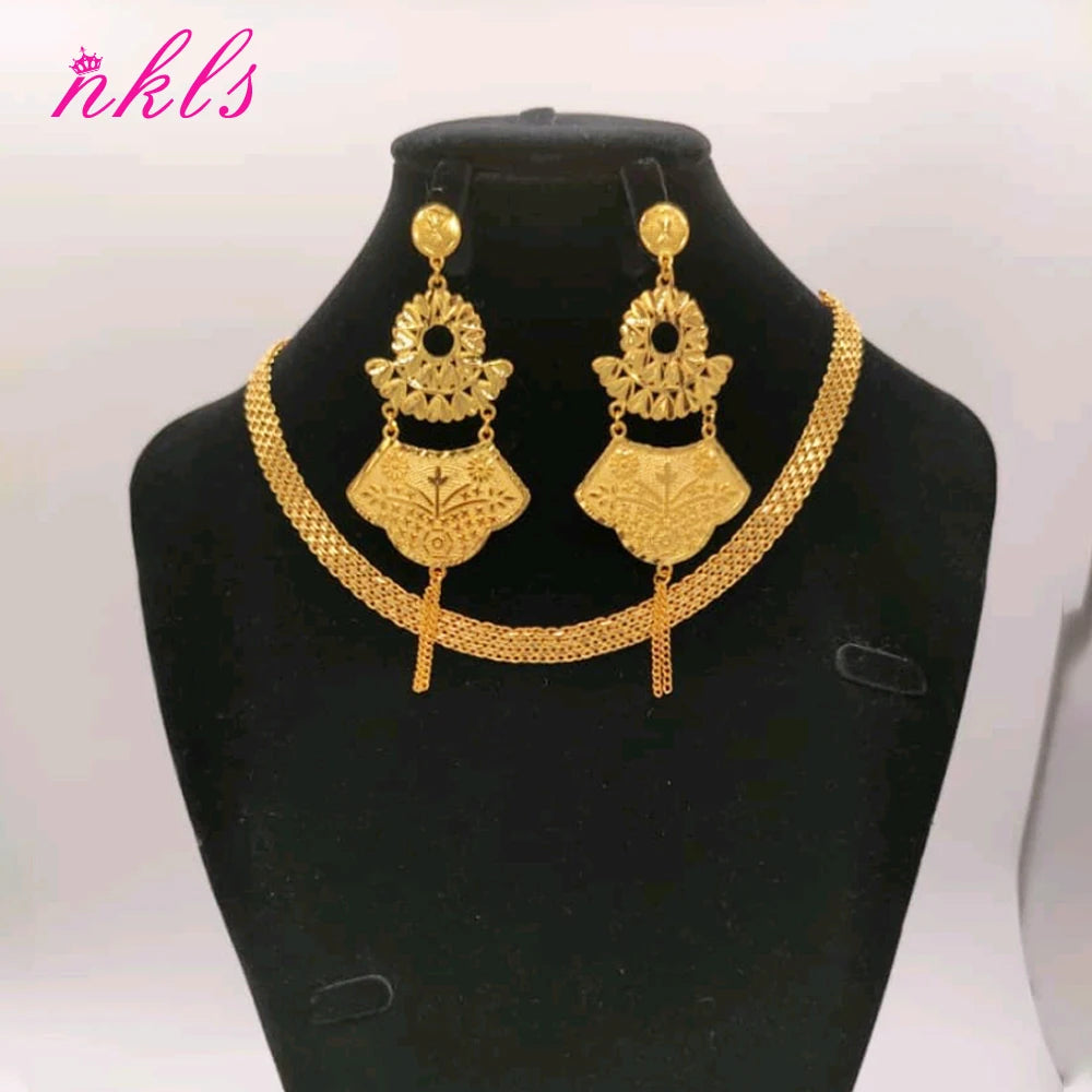Dubai Stud Earring Set & Italy Chain Necklace, Classic Copper Jewelry for Women Daily Party Anniversary Gift Jewellery