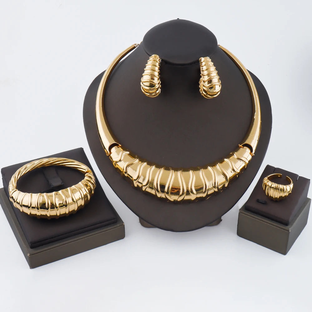 gold plated earrings and necklace bracelet Rings set women Italian vintage wedding party Jewelry Gift set