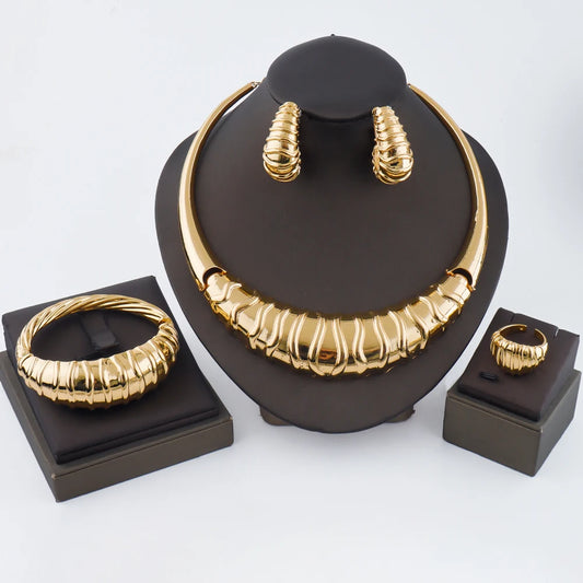 gold plated earrings and necklace bracelet Rings set women Italian vintage wedding party Jewelry Gift set