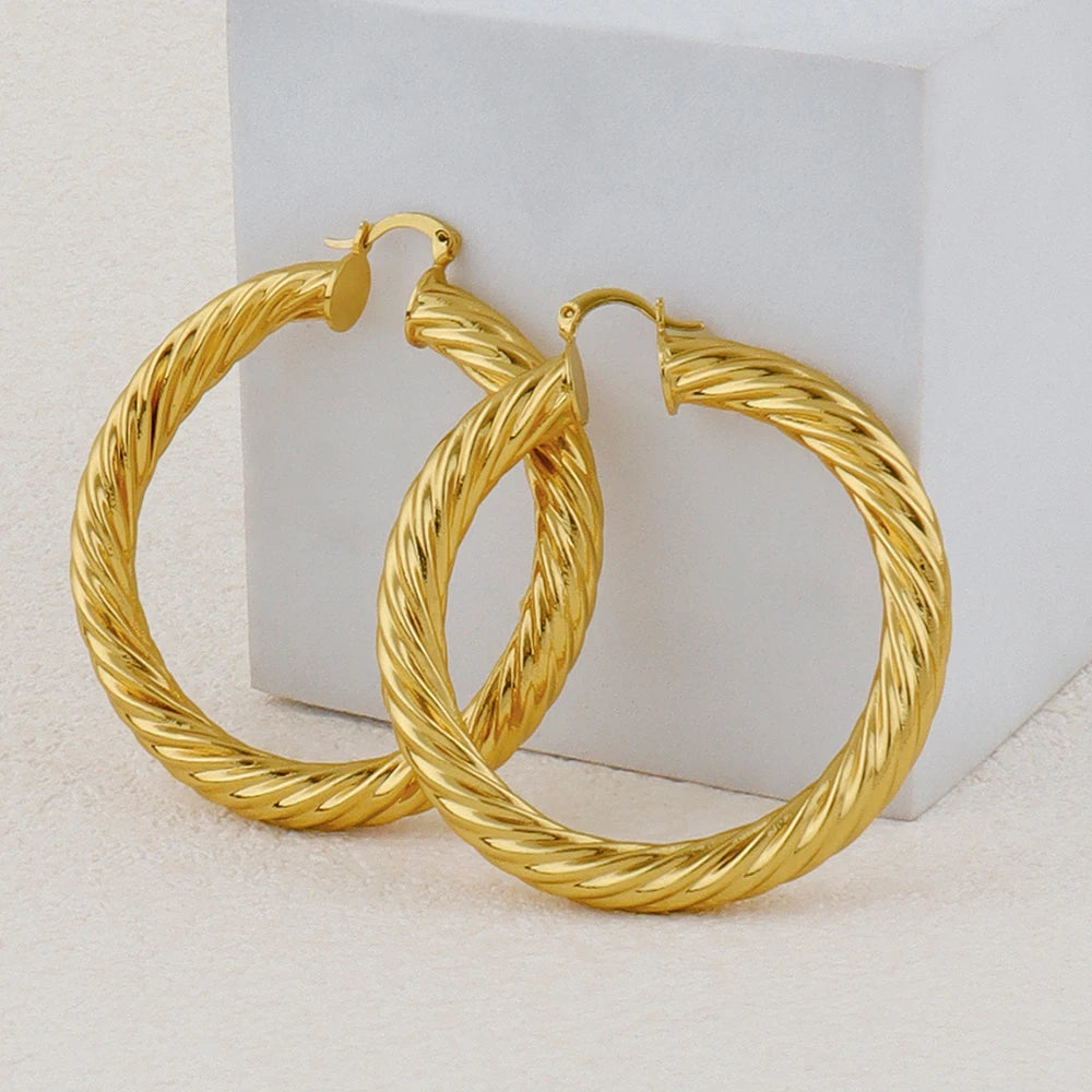 Vintage Twisted Hoop Earrings 6CM African Big Earrings for Women Gold Plated Stainless Steel Party Jewelry Accessories