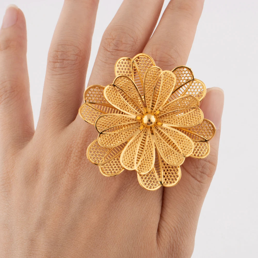 Stainless Steel Gold Color Flower Tassel Rings Earrings For Women Trendy Aesthetic High Quality Jewerly Wedding Party Gift