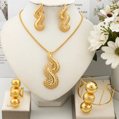 Luxury Necklace Women Dubai Gold Color Jewelry Set Original Design Earrings Ring Bangle Wedding Costumes Jewellery Party Gift