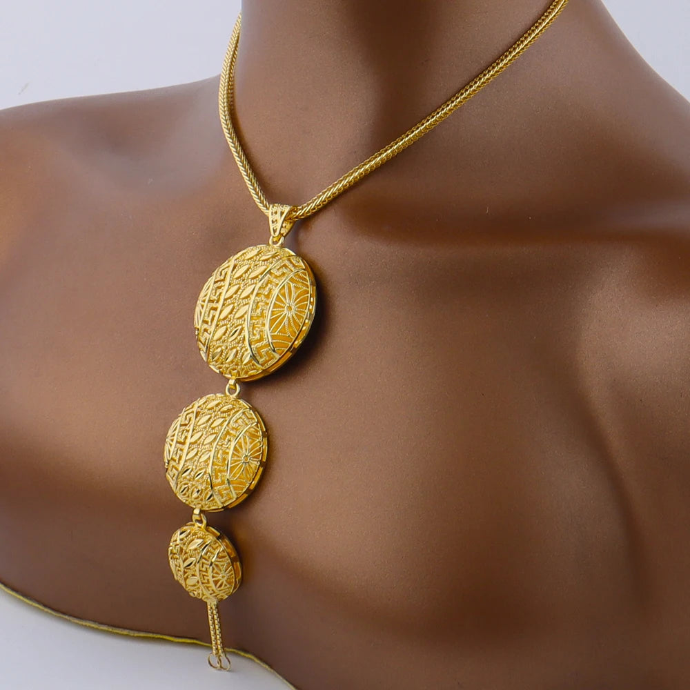Dubai Gold Color Jewelry Set For Woman Bridal Spain Gold Plated Chain Necklace Charms Earrings Jewellery Set for Party Gift
