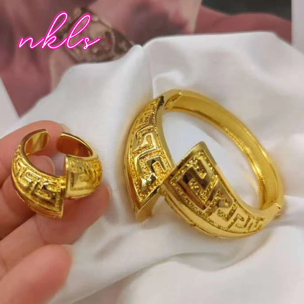 18K Gold-Plated Dubai Cuff Bangle & Ring Set for Women, African Bridal Jewelry Sets, Wedding Gift, Elegant Jewellery Woman Acces