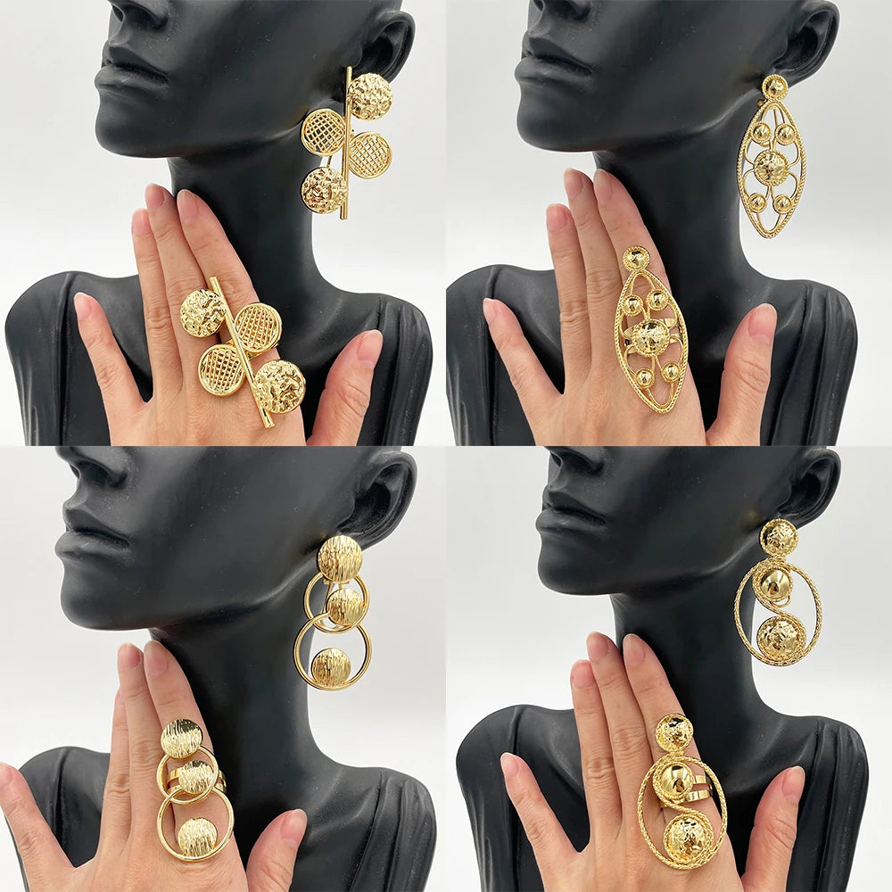 4Set Gold Color Jewelry for Women Girls Elegant Golden Clip Earrings Ring Geometric Jewelry Fashion Party Engrave Hollow Earring