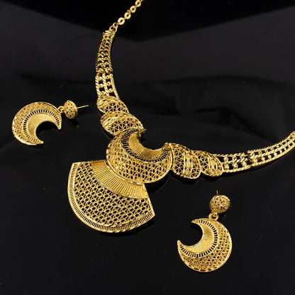 Elegant Gold-Tone Necklace & Drop Earring Set for Women, Dubai Bridal Wedding Jewelry, African Luxury Party Gift Accessory