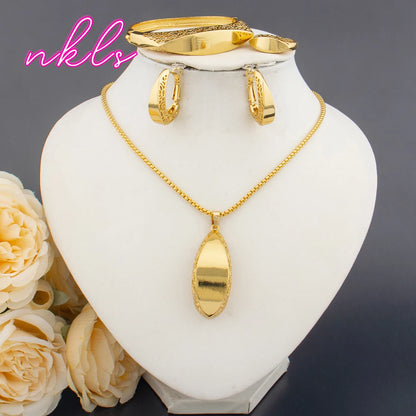 Tone Dubai Necklace Hoop Earrings Ring Bracelet Pendant Set for Women, African Jewelry Gift, Elegant Jewelry Women Set