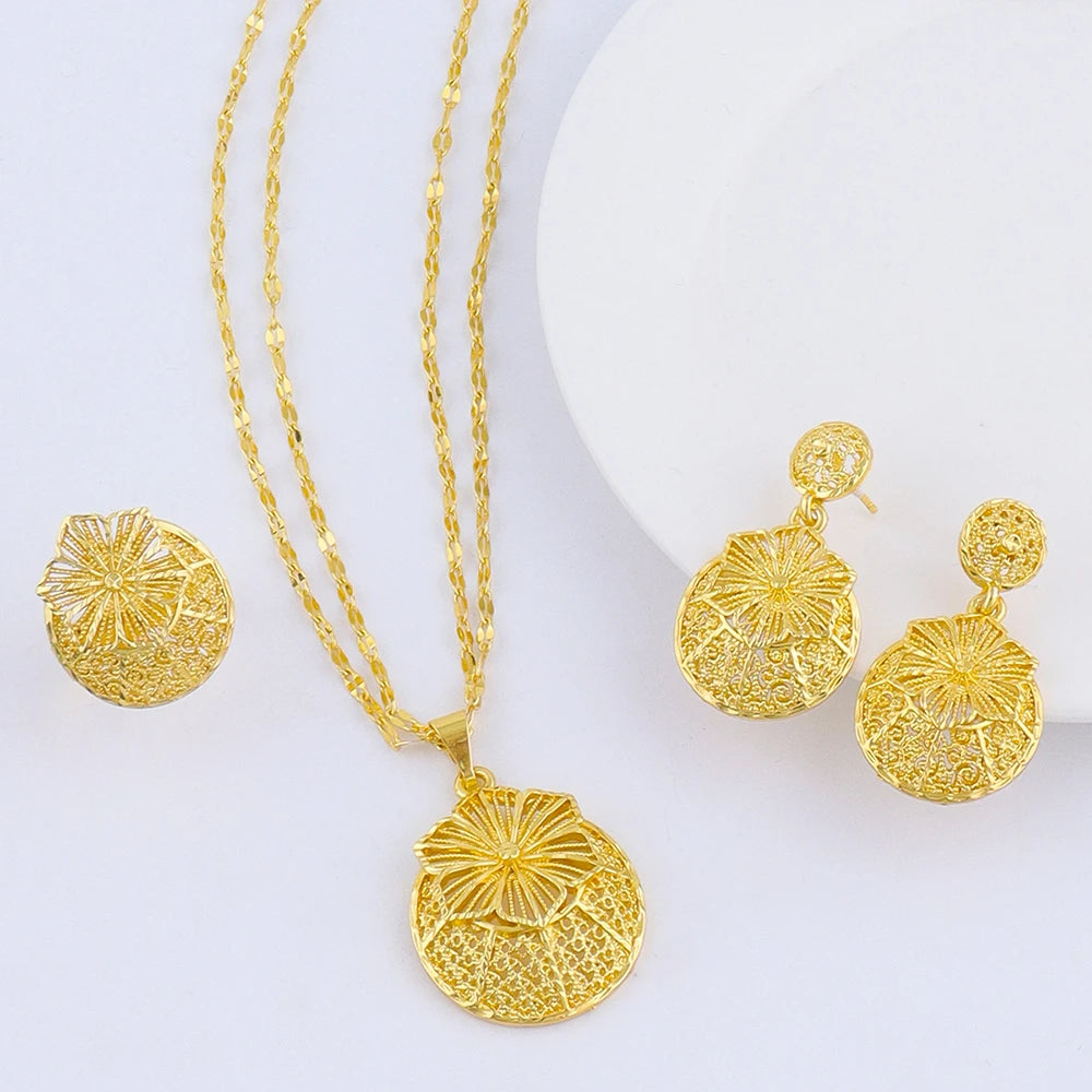 Fashion Gold Color Jewelry for Women Necklace Earrings Rings Set For Women Daily Wear Party Anniversary Gifts