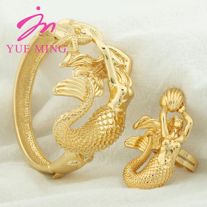 YM African Gold Color Bangles with Ring Nigeria Bride Wedding Banquet Charm Mermaid Bracelet Jewelry Gift Copper Adjustable Ring - YUEMING JEWELRY