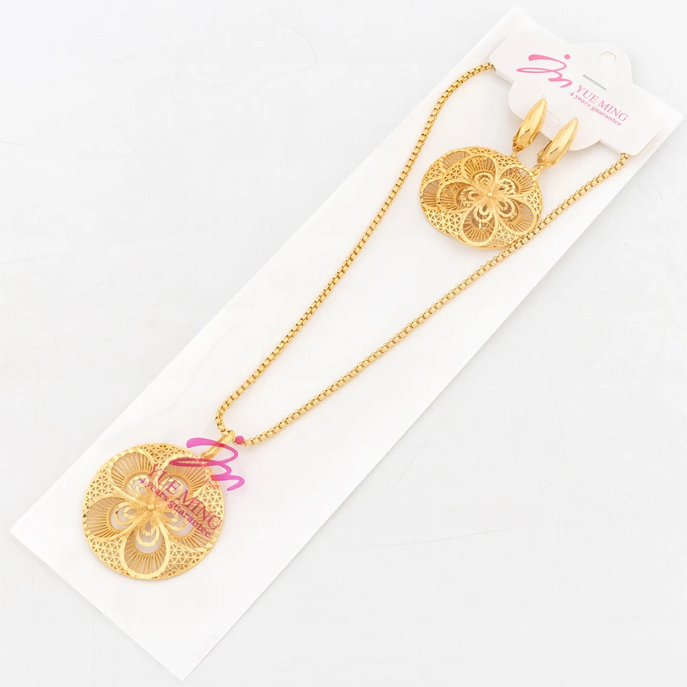 YM Jewelry 2024 Fashion Gold Plated Necklace Earrings Accessory Flower Pattern Lady Party Gift Dubai 18K Gold Plated Jewelry Set - YUEMING JEWELRY