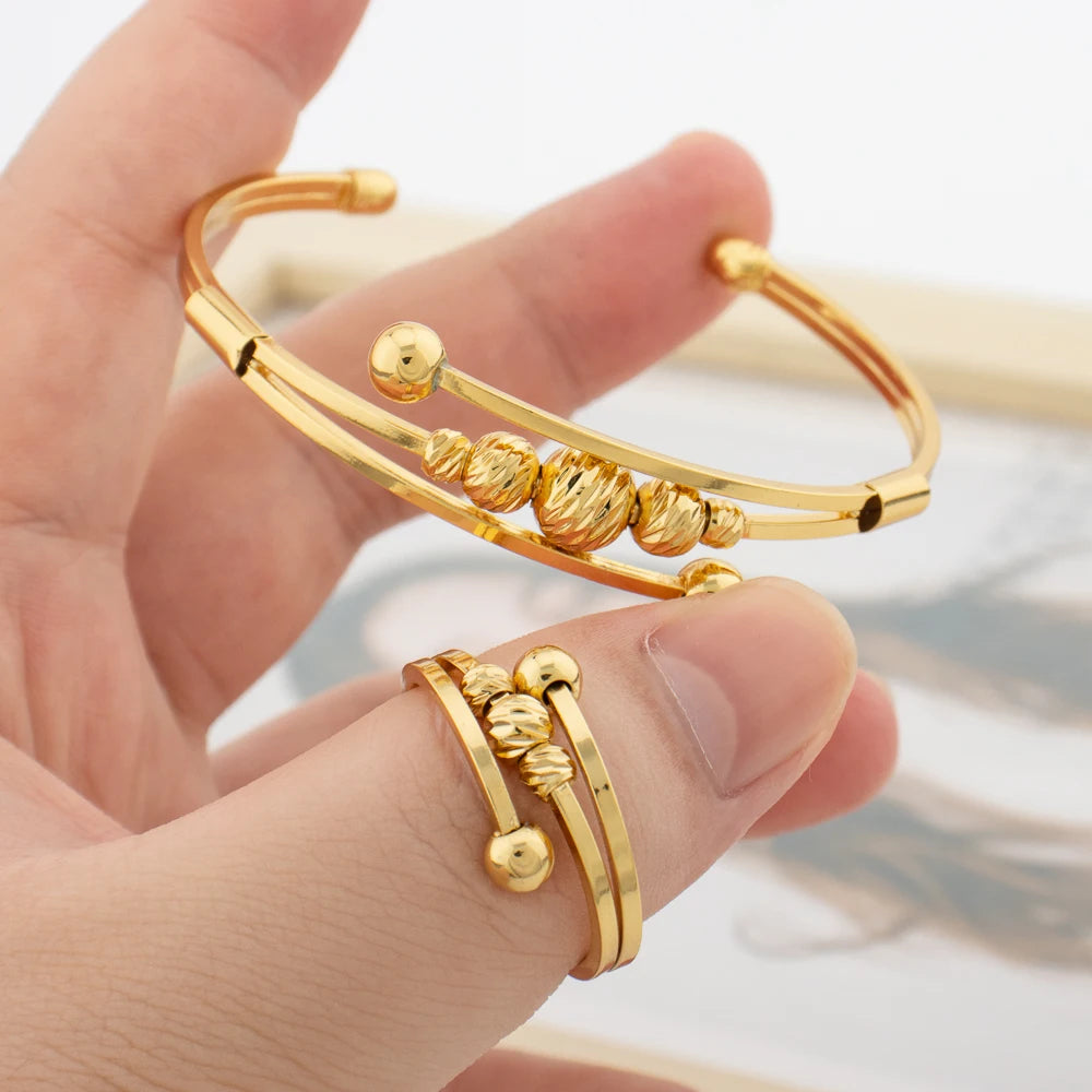 Nigerian Bead Bangle with Ring Set for Women 18k Gold Color Cuff Bangle Finger Ring Set for Weddings Jewelry 3Sets/lot Wholesale