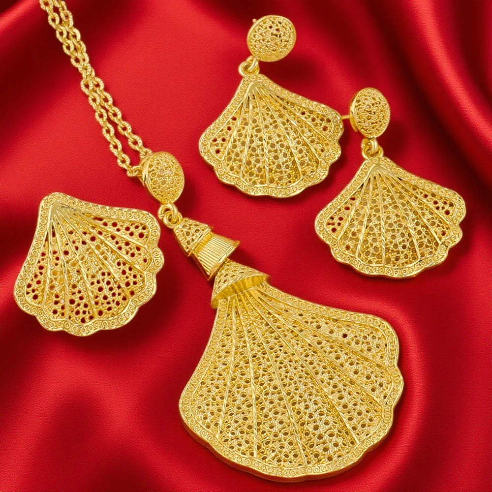 Dubai sea-shell gold-tone necklace, earrings & ring set for women, elegant bridal gift, Nigeria wedding party jewelry, boxed