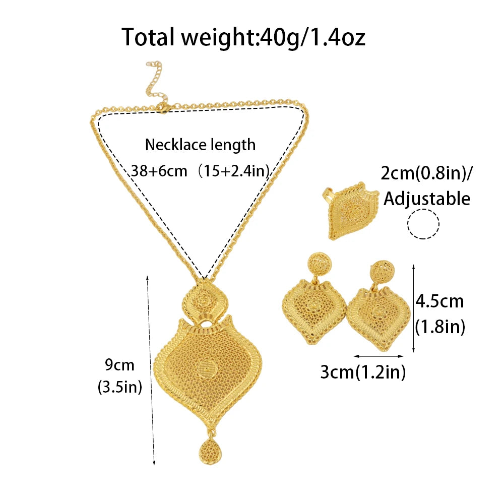 Nigerian Jewelery Set Dubai 24K Gold Color Necklace Earrings Ring Jewlery  Bridal Banquet Wedding Jewelry Set Accessories