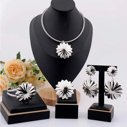 Vintage Women Polygonal Star Shape Jewelry Set Silver Plated Earrings Fine Chain Unisex Bangle Ring Sets for Party Daily Wearing