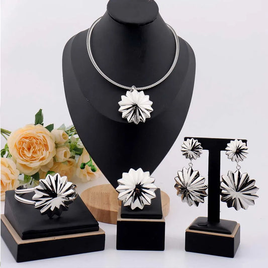 Vintage Women Polygonal Star Shape Jewelry Set Silver Plated Earrings Fine Chain Unisex Bangle Ring Sets for Party Daily Wearing