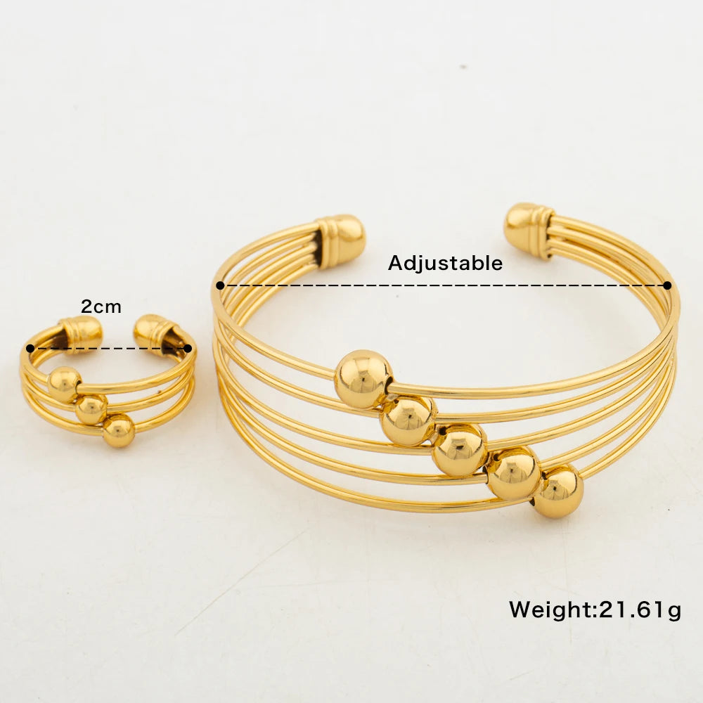 18k Gold Color Bangle Ring Set for Bride African Women Beads Design Hollow Out Bangle Ring Set for Engagement Bracelet Gifts