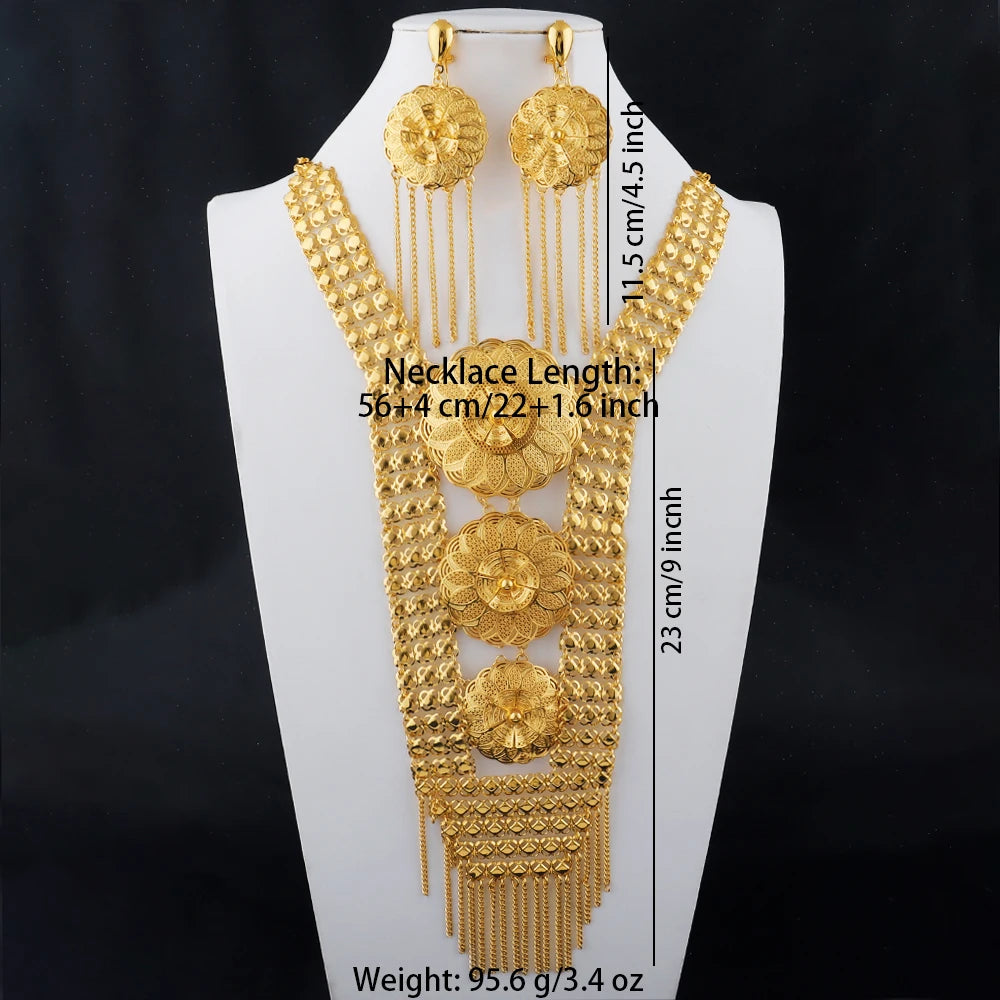 24K Gold Color Long Chain Necklace Earrings Set New Indian Nigerian Bridal Wedding Ethiopian Luxury Party Jewelry Wholesale Gift