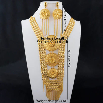 24K Gold Color Long Chain Necklace Earrings Set New Indian Nigerian Bridal Wedding Ethiopian Luxury Party Jewelry Wholesale Gift