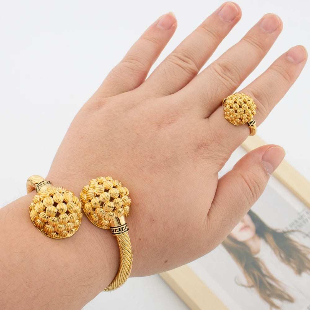 Cuff Bangle with Ring Jewelry Set for African 18k Gold Plated Beads Design Bangle and Finger Ring Set for Dubai Engagement Gifts