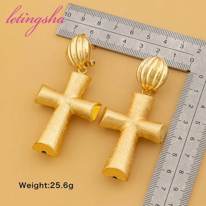 Large Drop Cross Earring for Women Girl Hollow Lightweight Hypoallergenic African Gold Plated Big Earrings Daily Wear Party Gift