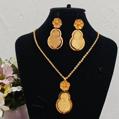 African Gold Color Women Necklace and Earrings Trend Dubai Flower Hollow Out Jewelry Set Gift For Party Wedding Daily Accessorie