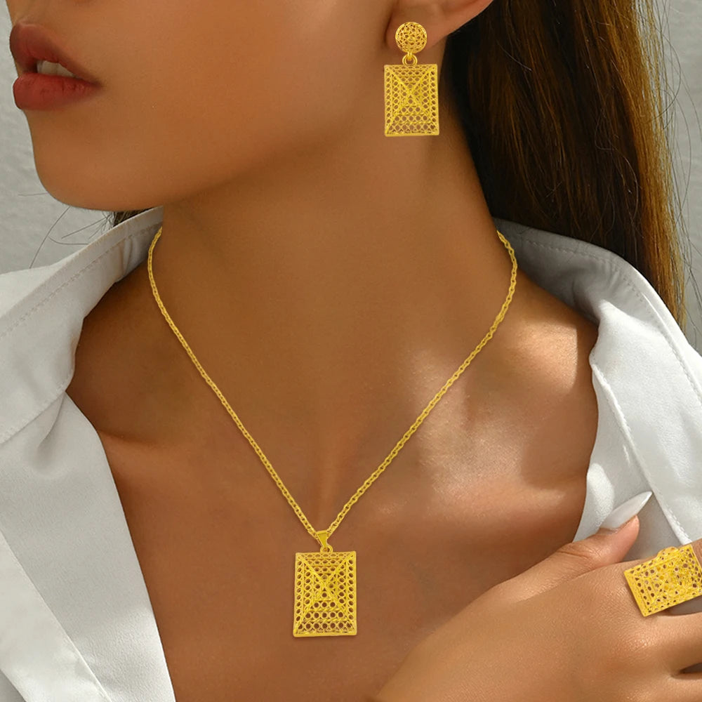 Mid East plated 3pcs Jewelry Set For Women India Dubai Jewelry Geometry Earrings Necklace Ring Set Apply for Party Wedding