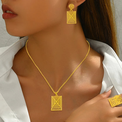 Mid East plated 3pcs Jewelry Set For Women India Dubai Jewelry Geometry Earrings Necklace Ring Set Apply for Party Wedding