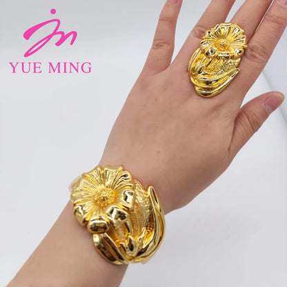 18K Gold Color Cuff Flower Bangle Ring For Women Moroccan France Dubai Luxury Copper Bracelet Jewelry Nigerian Party Wedding Gif