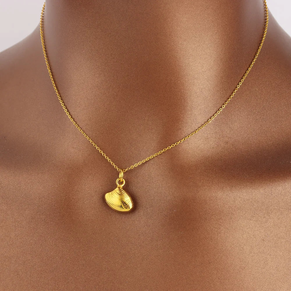 Nigeria Shell-Pendant Chain & Simple Earrings Set, Stainless Steel Necklace for Women, Party Wedding Easter Gift