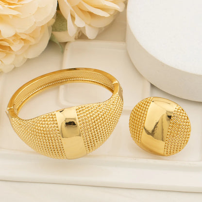 18K Gold Tone Wide Water-Texture Metal Bangle & Open Cuff Ring Set for Women, Chunky Twisted Bracelet, Fashion Jewelry Women Set