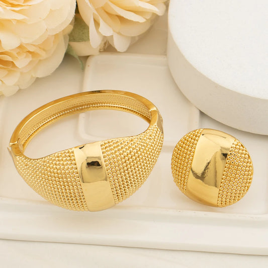 18K Gold Tone Wide Water-Texture Metal Bangle & Open Cuff Ring Set for Women, Chunky Twisted Bracelet, Fashion Jewelry Women Set