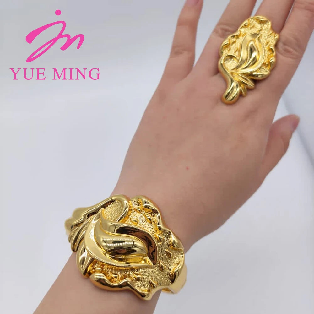 18K Gold Color Cuff Flower Bangle Ring For Women Moroccan France Dubai Luxury Copper Bracelet Jewelry Nigerian Party Wedding Gif - YUEMING JEWELRY