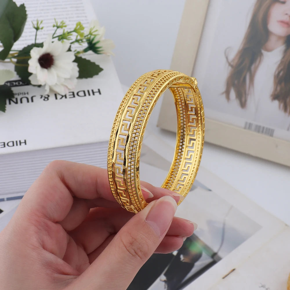 Plated Dubai Turkish Italian Hollow Bangles for Women, Middle East Bridal Wedding Jewelry Set, Elegant Jewellery Woman