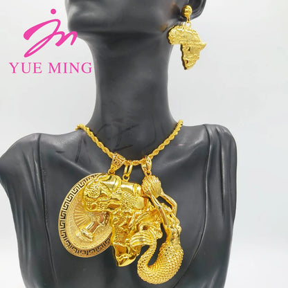 YM Egyptian Pharaoh Pendant with 60cm Necklace Dubai 18k Gold Plated Bear Drop Earrings Copper Jewelry Sets Wholesale Jewellery - YUEMING JEWELRY