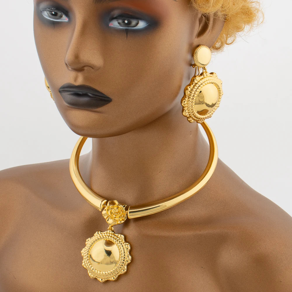Romantic Gold Color Jewelry Set for Dubai Women Big Earrings and Necklace with Bangle Ring African Copper Gold Plated Jewelry