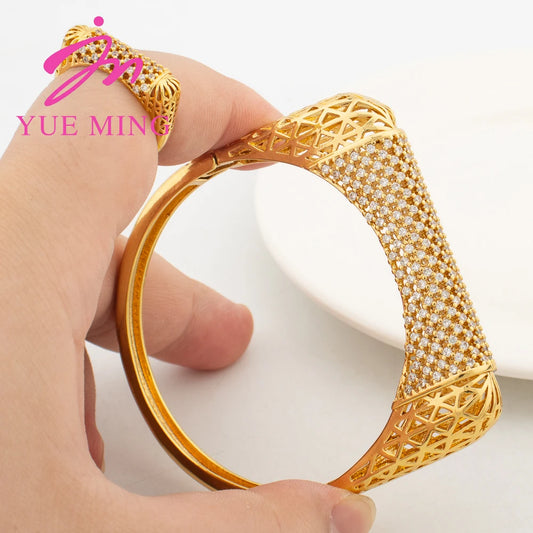 Gold Color Cuff Bangles with Ring For Women Dubai Luxury White Zircon Charm Bracelet Open Ring Party Jewelry Anniversary Gifts