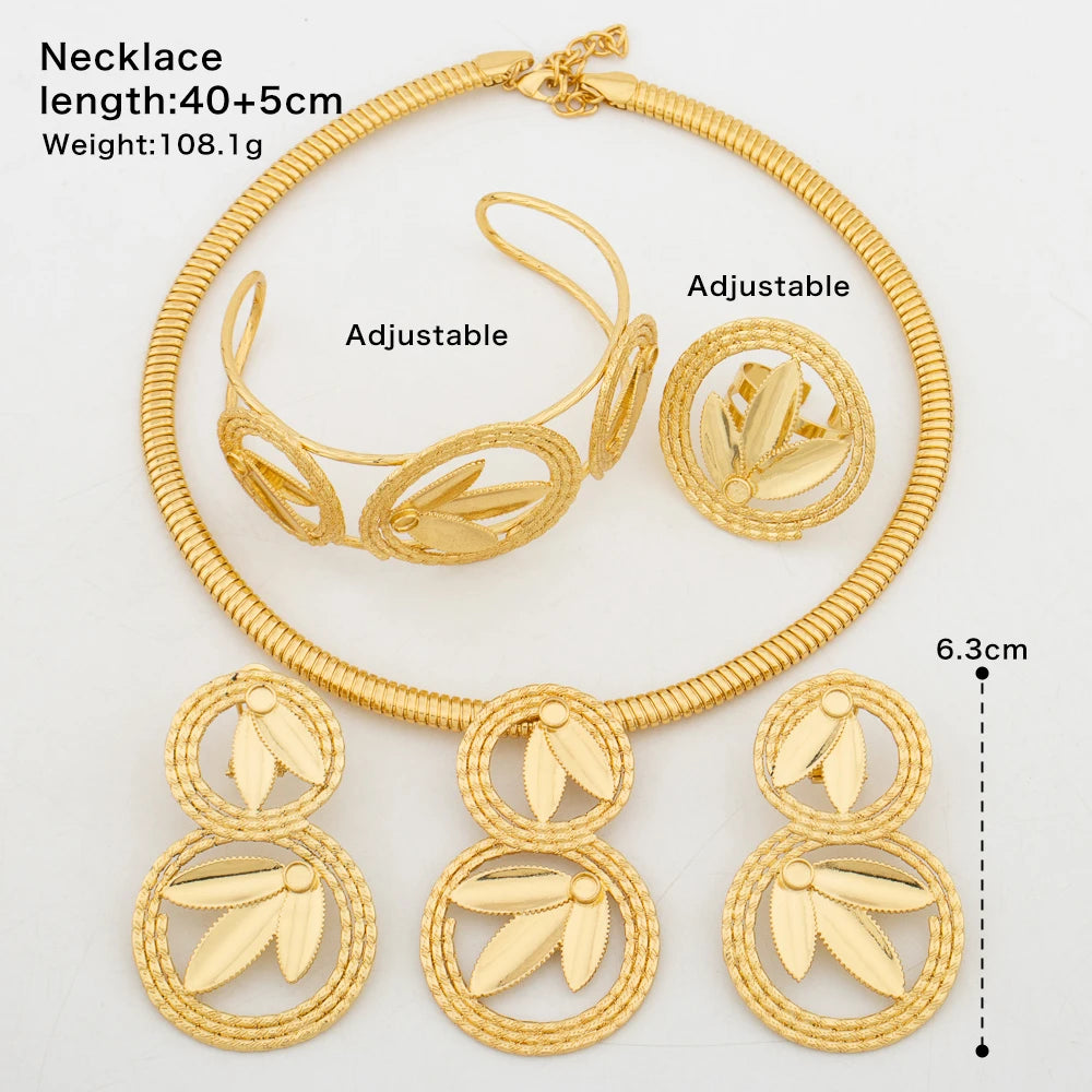 African Fashion Necklace Leaf Design Earrings Luxury Copper Round Bangle Ring Gold Plated Jewelry Set Party Ethiopia Bride Gift