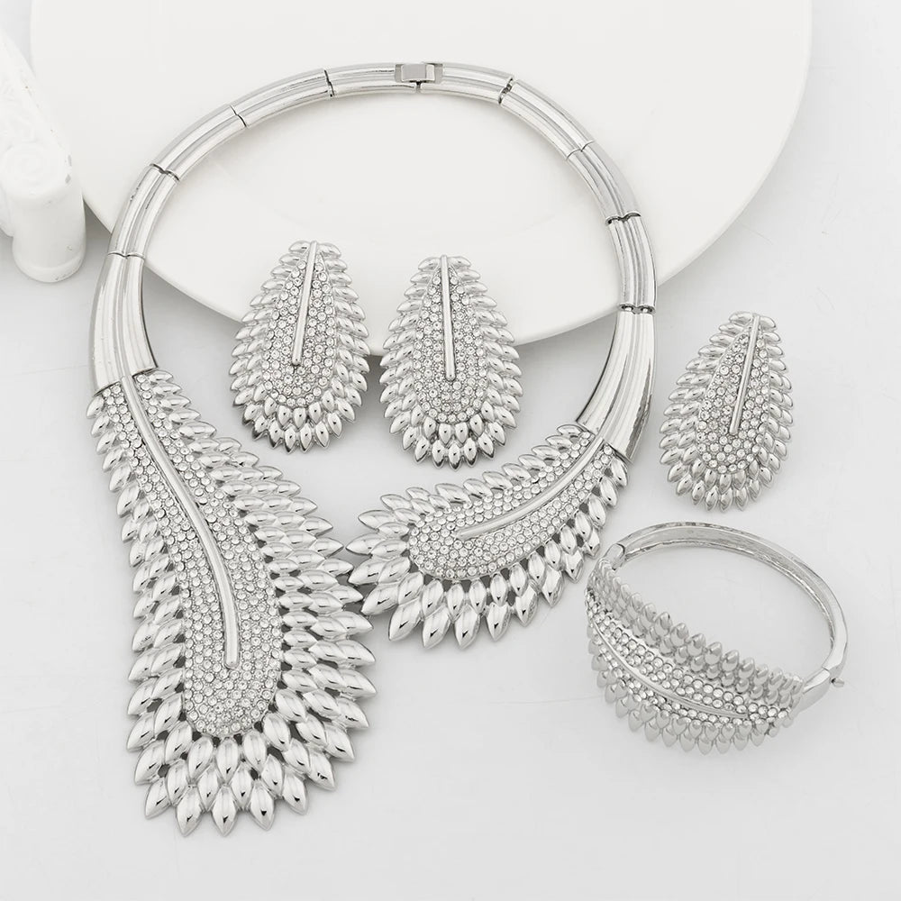 Luxury Jewelry Sets for Women Sliver Plated Wedding Jewellery Zircon Feather Exquisite Necklace Clip Earrings Charm Bangles Ring