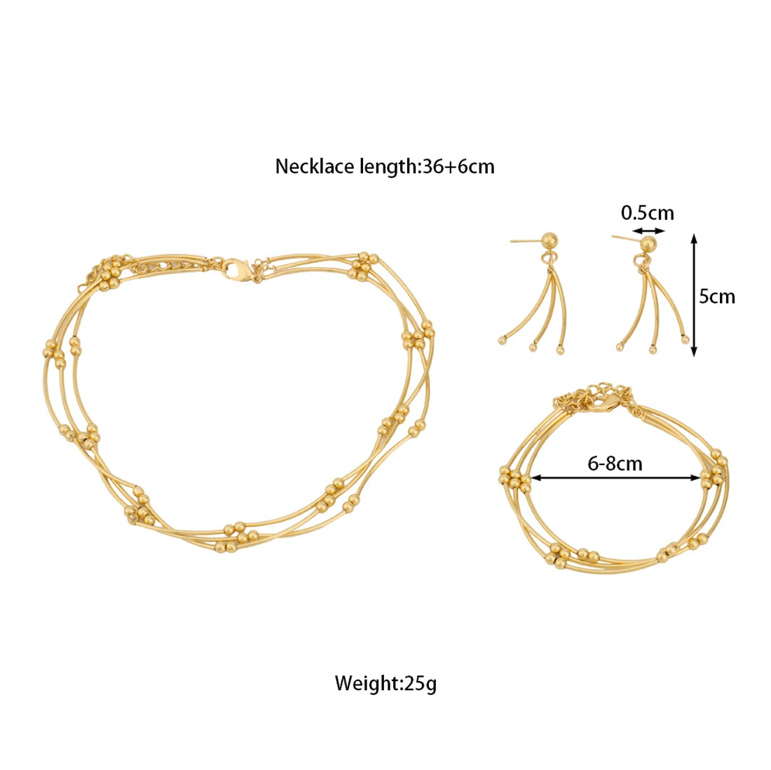 Stainless Steel Gold Color Beaded Round Necklace Earrings Bracelet Metal Multi Layer Jewelry For Women Party Waterproof Gift