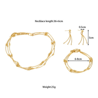 Stainless Steel Gold Color Beaded Round Necklace Earrings Bracelet Metal Multi Layer Jewelry For Women Party Waterproof Gift