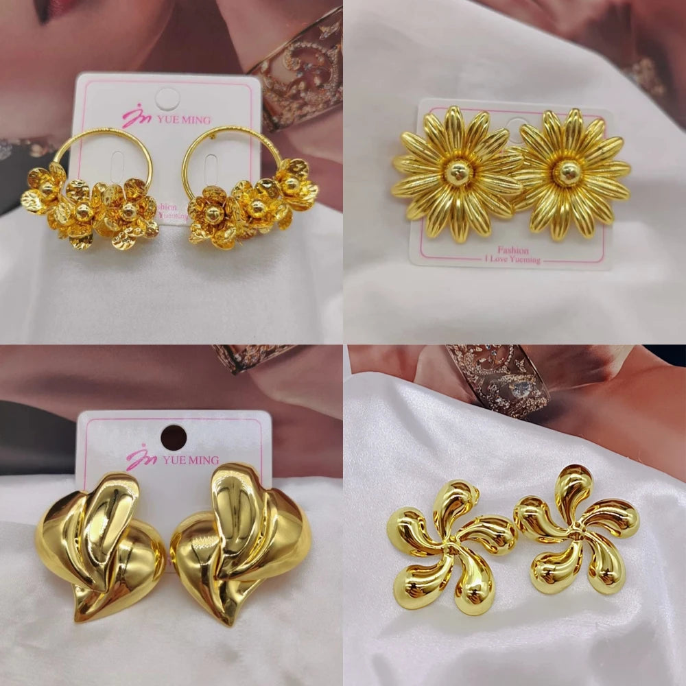 4Pairs Heart Shape Earrings for Women African Gold Color Stud Earrings Weddings Bridal Luxury Ear Accessories Party Jewelry Set