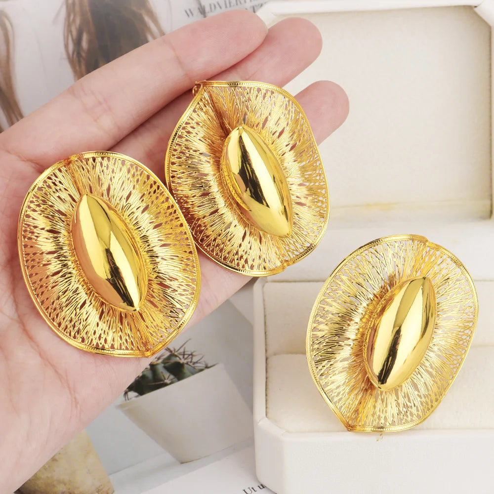 18K Gold Plated Nigeria Flower Open Ring & Earrings Set, Luxury Metal Jewelry for Women, Party Mother’s Day Gift, Fashion Jewel