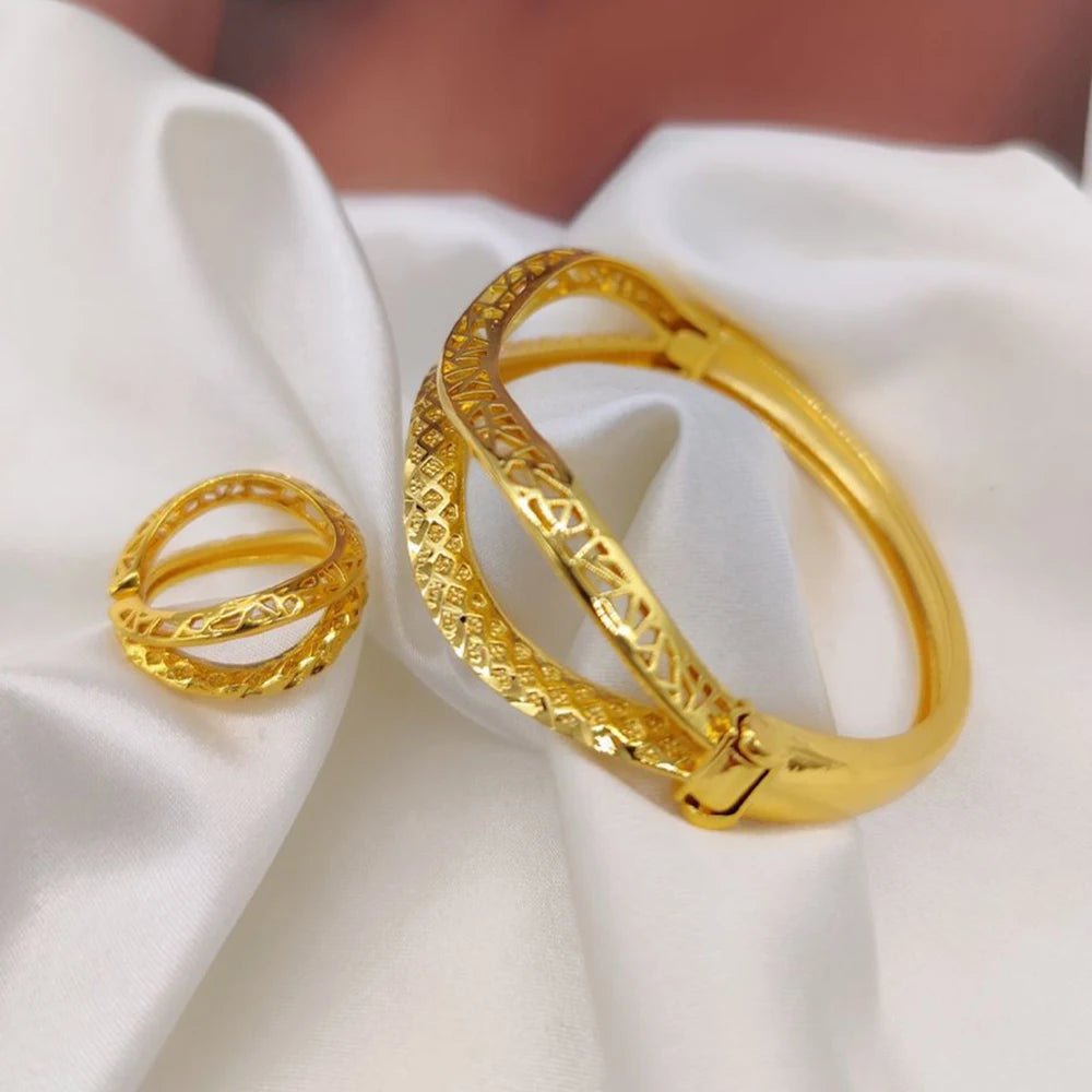 Geometry Design Bangle with Ring Set for Ladies African 18k Gold Color Hand Bracelet Cocktail Ring 2Pcs Set for Engagement Gifts