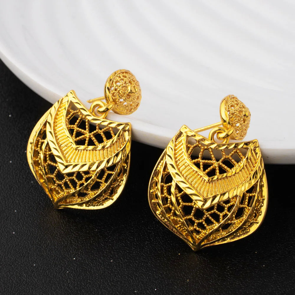 Nigerian Crown Shape Jewelery Set For Women Dubai Gold Color Earrings Bridal Ring African Necklace Gift For Mother's Day Wedding