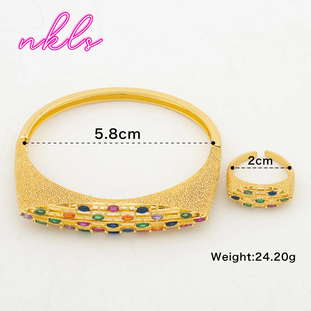Arab Zircon Cuff Bangle & Ring Set, Luxury Copper Vintage Bracelet for ...