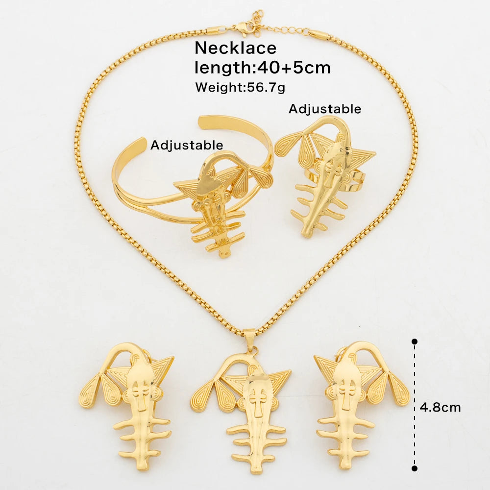 Trend Earrings Pendant 4PCS Jewelry Set for Women 18k Gold Color Fish Bone Cuff Bangle Ring Wedding Bride Nigerian Accessories