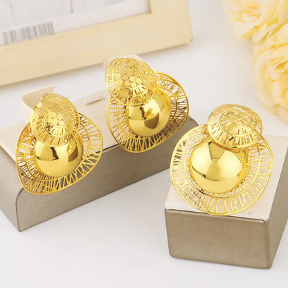 18K Gold Plated Nigeria Flower Open Ring & Earrings Set, Luxury Metal Jewelry for Women, Party Mother’s Day Gift, Fashion Jewel